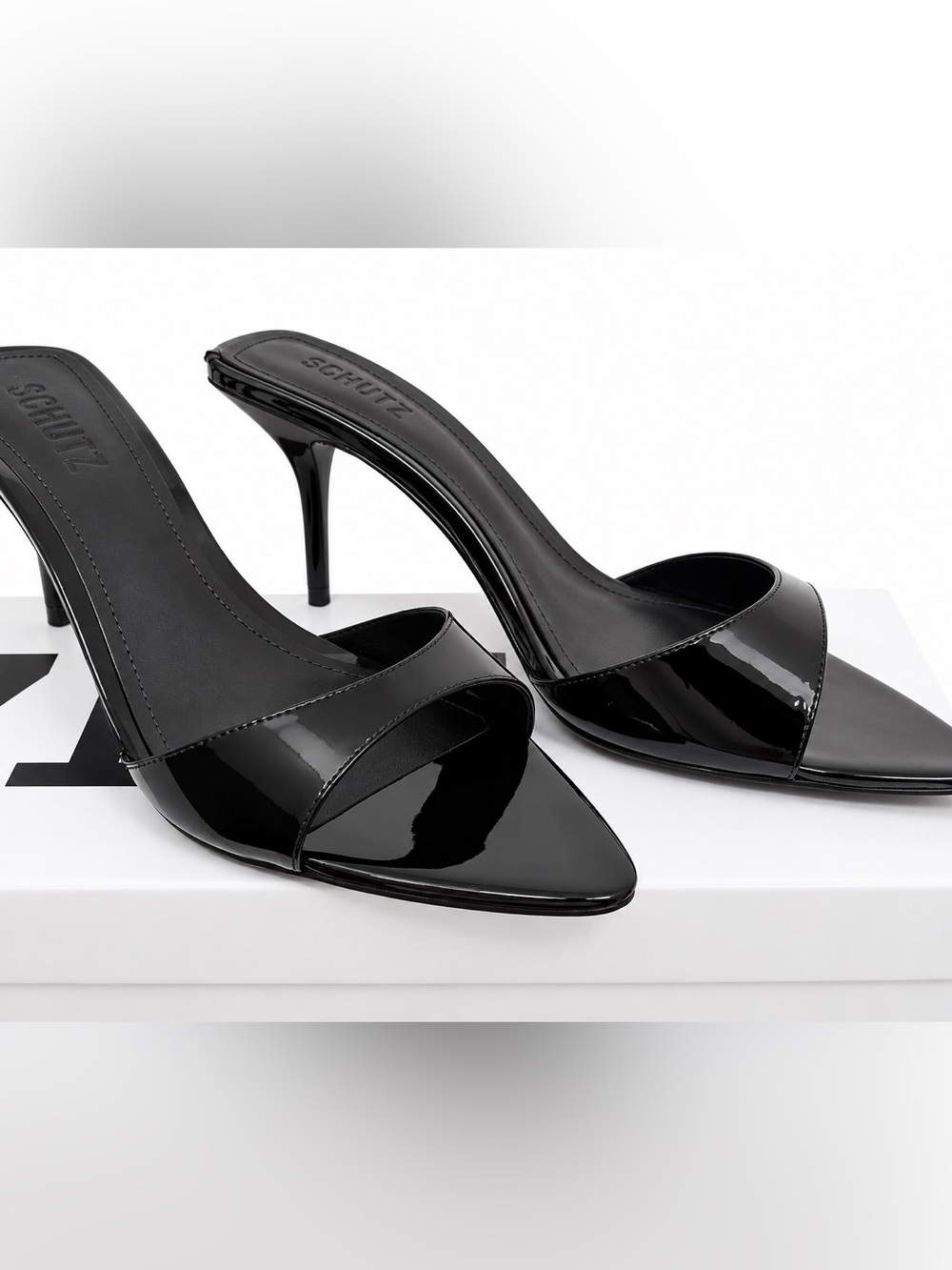 SCHUTZ Elodie Black Patent Leather Stiletto Mule Sandals Heels Size 7.5